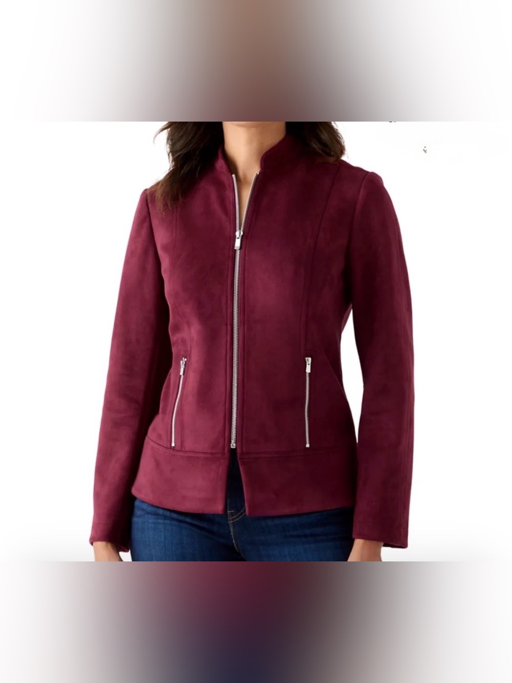 NEW Philosophy Rich Burgundy Zip-Front FAUX Suede COLLARLESS Jacket SZ S
